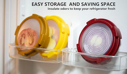 Ortarco 4Pcs Onion Storage Avocado Saver Holder, Lemons Garlic Tomato Peper Fruit Vegetable Container for Fridge (4PCS: Red+Yellow+Brown+Green)