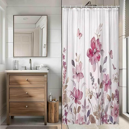 Lavender Pink Floral Shower Curtain, Lavender Pink Floral Butterfly Boho Shower Curtains for Bathroom, Farmhous Flower Cute Fabric Shower Curtain Set with 12PCS Hooks, 36X70IN