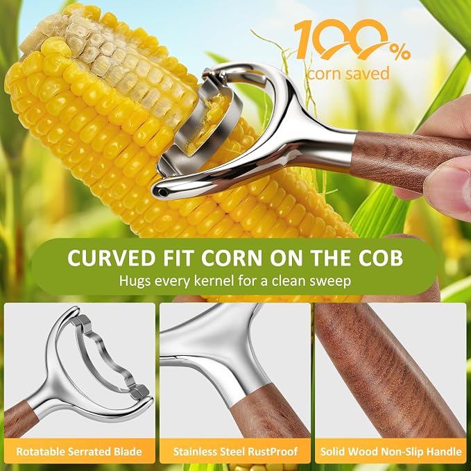 Stainless Steel Corn Peeler, Durable Corn on the Cob Stripper Tool with Solid Wood Good Grip Handle for Salad Polenta Pizza Popcorn Cooking Gifts for Woman Her Mom Birthday （Rosewood）