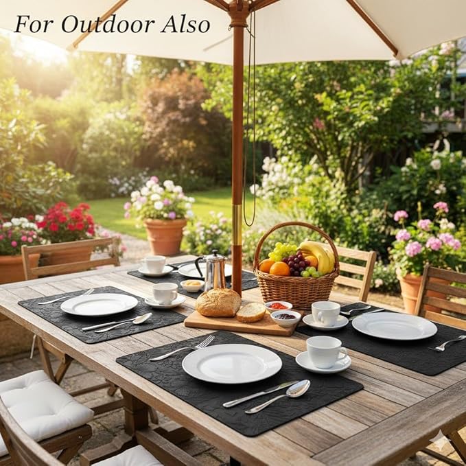 SolaraDawn Faux Leather Table Placemats Set of 6, Washable, Wipeable & Heat-Resistant Table Mats, Waterproof Dining Place Mats with Embossed Texture for Kitchen & Dining, Black, 17" × 12"