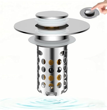Upgraded Bathroom Sink Stopper Drain Strainer for 1.1-1.45 Inch,Universal Pop Up Stopper with Removable Stainless Steel Filter Basket Hair Catcher,Brass Bounce Core for US Universal