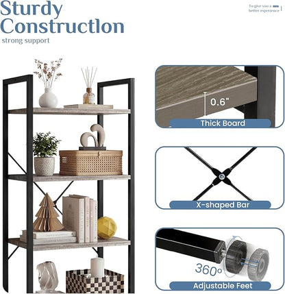 DUMOS 4 Tiers Bookshelf, Classical Book Shelf, Tall Display Shelves in Living Room/Home/Office, Storage Organizer for CDs/Books/Movies, Wood Grey