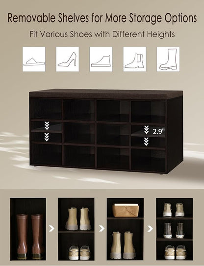 DINZI LVJ Shoe Storage Bench with Cushion, Cubby Shoe Rack with 12 Cubbies, Adjustable Shelves, Multifunctional Shoe Organizer Bench for Entryway, Mudroom, Hallway, Closet and Garage, Espresso
