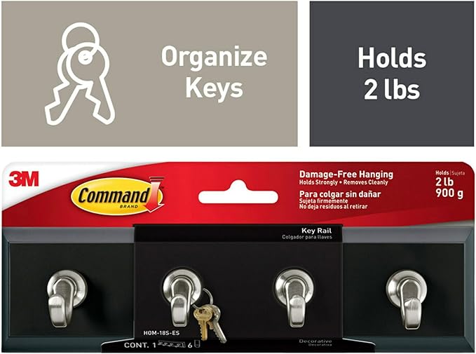 3M Command HOM18SES Decorative Key Rail, 8w x 1 1/2d x 2 1/8h, Black/Silver, 4 Hooks/Pack