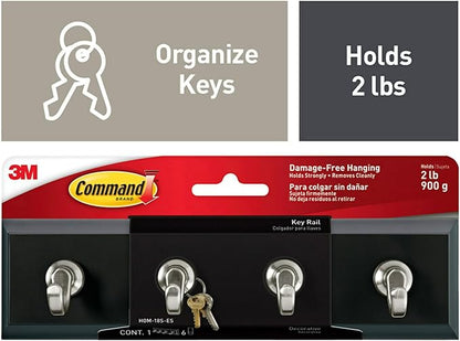 3M Command HOM18SES Decorative Key Rail, 8w x 1 1/2d x 2 1/8h, Black/Silver, 4 Hooks/Pack