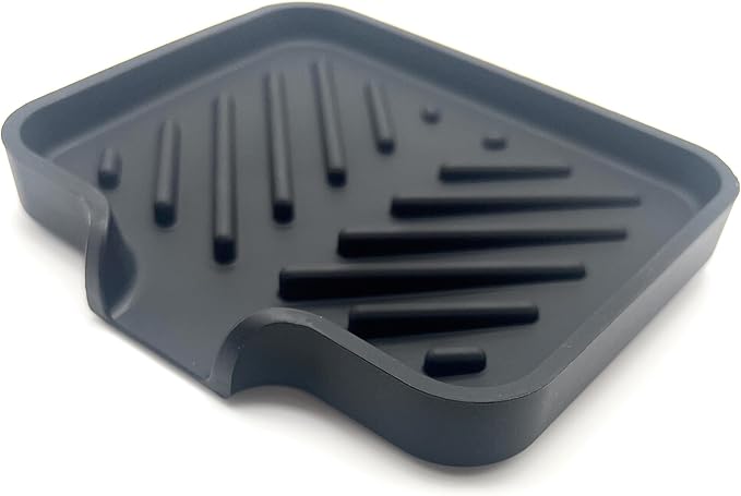 Happitasa Silicone Soap Dish Tray and Sponge Holder with Drain Chute and Feet | 3-Way Sloped Design | Bathroom and Kitchen Sink Organizer Caddy (Black, 5"x4")