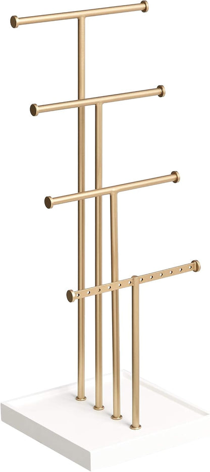 Amazon Basics Four-Tier Jewelry Organizer Tree Stand, Necklace Earring Bracelet Holder with Ring Storage, White/Brass