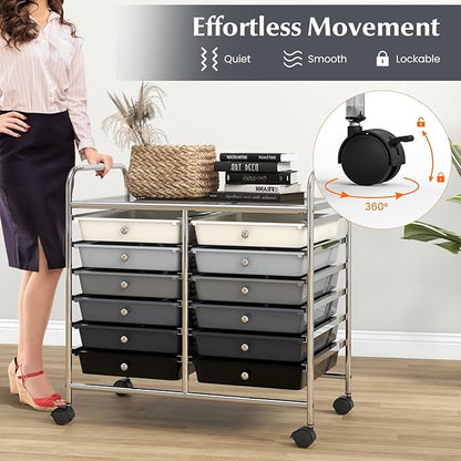 GOFLAME 12-Drawer Rolling Storage Cart, Multifunctional Art Craft Organizer Cart, Mobile Utility Storage Cart with Removable Drawers & Lockable Wheels, Craft Cart for Home Office School, Grey Gradient