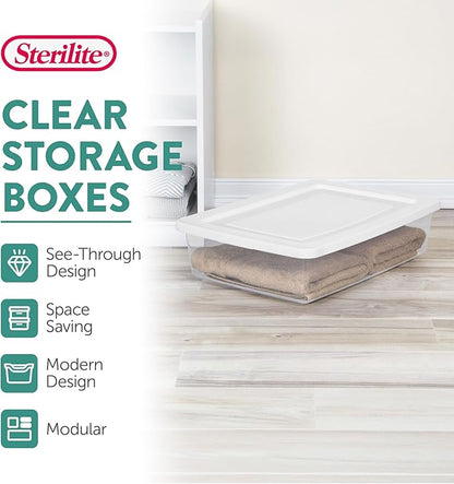 Sterilite 30-Pack Storage Box, Stackable Clear Plastic Bins with Snap-On Lids, 28 Quart