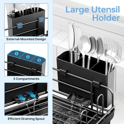 TOOLF Large Dish Drying Rack, Expandable Dish Rack for Kitchen Counter, Multifunctional Dish Drainer, Organization and Storage Essentials with Cup & Cutlery Holders, 16.7"-26.8" L x 12.6" W, Black