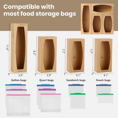 CRAKTH Bamboo Plastic Bag Storage Organizer for Kitchen Drawer, 4 Separate Baggie Organizer, Suitable for Gallon, Quart, Sandwich & Snack Variety Size Bag