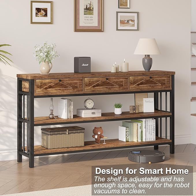 HSH Entryway Table with 3 Drawers, 55” Rustic Sofa Table with Storage Shelves, 3 Tier Console Table Behind Couch for Living Room, Farmhouse Wood Metal Entry Hallway Table for Entrance, Brown, 55 inch