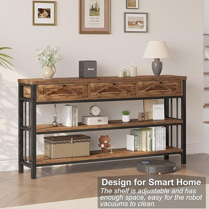 HSH Entryway Table with 3 Drawers, 55” Rustic Sofa Table with Storage Shelves, 3 Tier Console Table Behind Couch for Living Room, Farmhouse Wood Metal Entry Hallway Table for Entrance, Brown, 55 inch