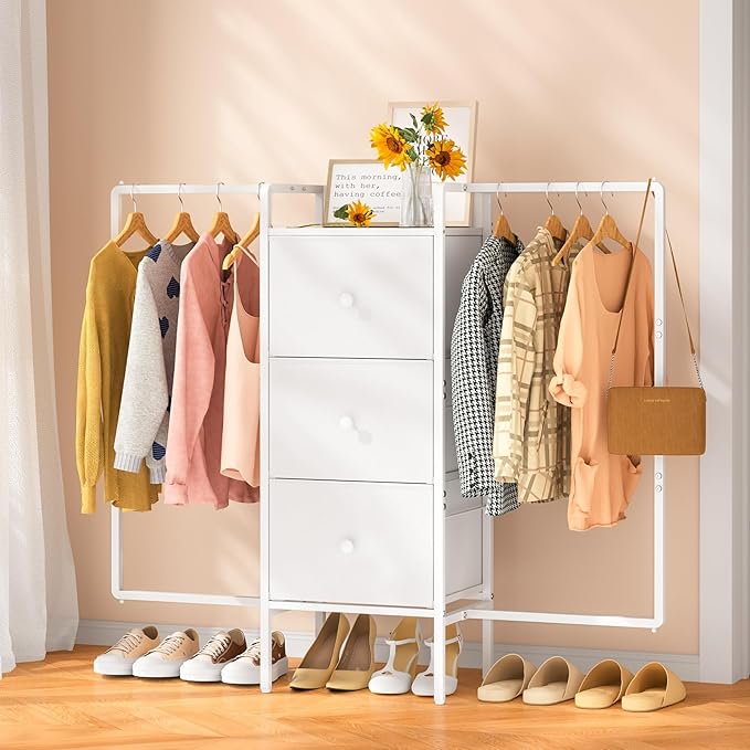 48.03” W Dresser with 2 Hanging Racks, 3 Drawers Dresser Closet for Bedroom, Fabric Kids Chest of Drawers with Clothes Rack, Small Dresser with Wooden Top, White Dresser for Bedroom