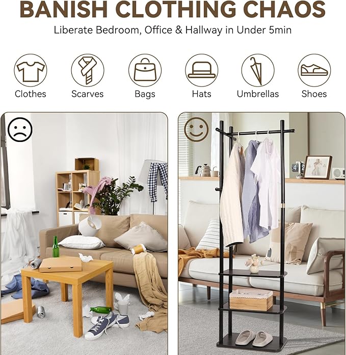 Wood Coat Rack Freestanding Clothing Rack with 3 Storage Shelves and 5 Hooks Coat Tree Heavy-Duty Garment Rack for Corner Entryways Living Rooms and Bedrooms, Black