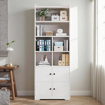 IRONCK Bookshelves and Bookcases with 4 Doors, 6-Tier Bookshelf with Storage Shelves 74.6 in Tall Bookcase for Home Office, Living Room, Bedroom, White