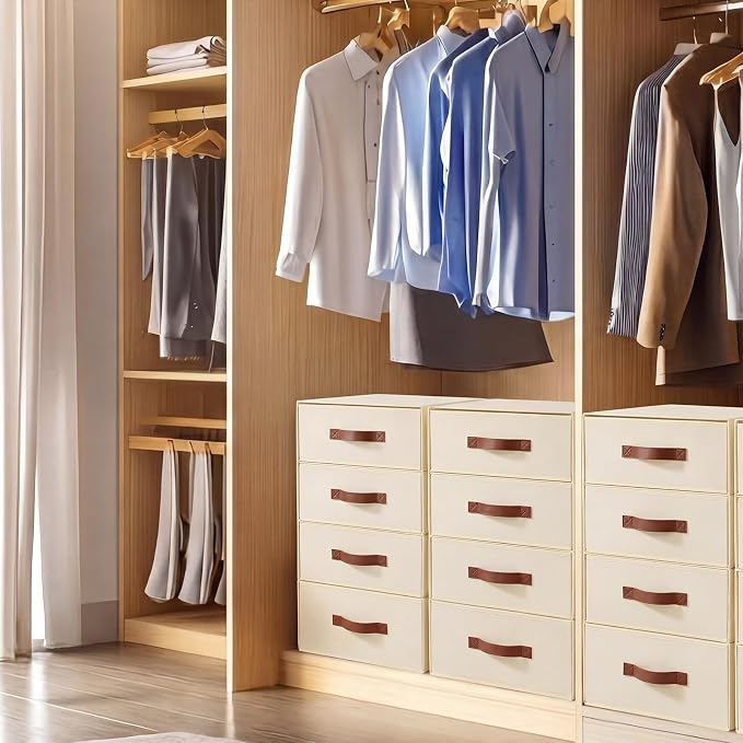 Windyun 4 in 1 Stackable Storage Drawers Closet Organizer with Dividers for Socks Underwear Bras Scarves Ties Large Dresser Organizer Bins Foldable Clothes Storage Boxes, 12 x 15 x 6 Inch(Beige)