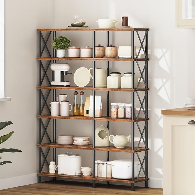 HOOBRO Corner Bookshelf, 6-Tier L-Shaped Bookcase, Industrial Open Display Shelf Tall Storage Organizer, Vertical Storage Rack, for Living Room, Home Office, Rustic Brown and Black BF61SJ01