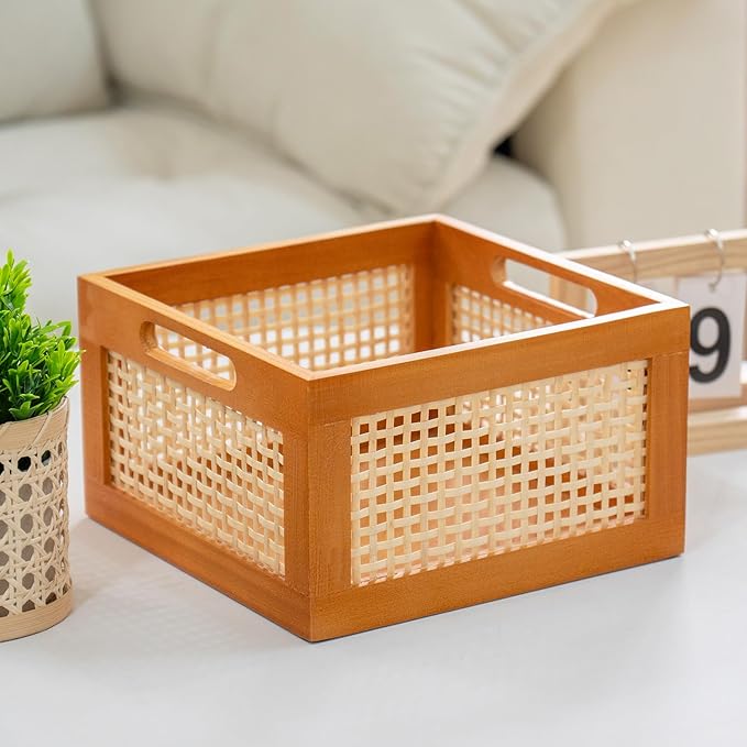 JLKIMZVO Wood Frame Storage Basket Storage Cubes Basket Organizer for Home and Office Closet（size：Middle