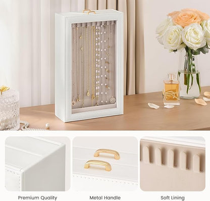 Lolalet Necklace Organizer Box, Jewelry Storage Box with Clear Window for Necklaces Bracelets, Tangle-Free Necklace Display Case for Women Girls, White, 2 Layers 20 Hooks