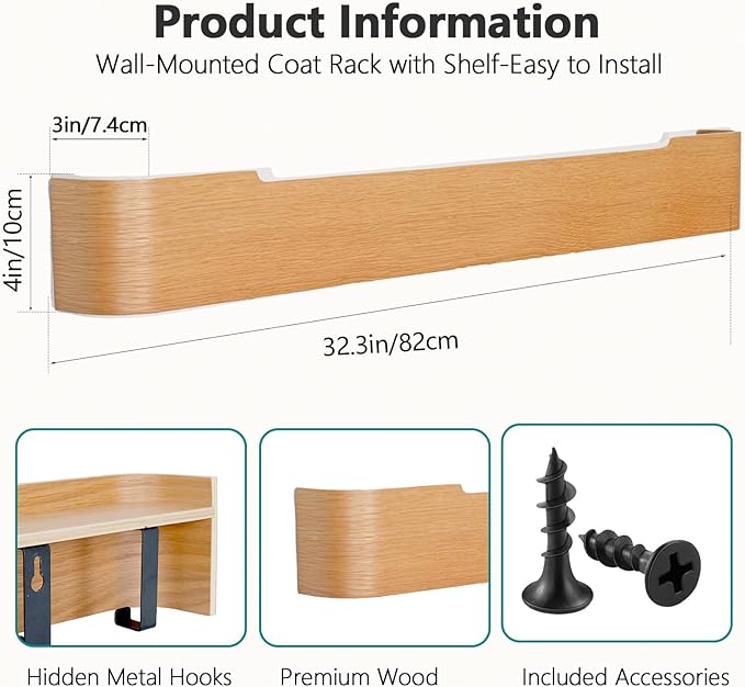 Coat Rack Wall Mount with Hidden Hooks Modern Key Holder Wood Entryway Hook with Shelf for Bedroom Kitchen Hallway Bathroom Designed for Hanging Coats Hats Bags Towels Dog Leashe(Oak,8 Hooks)