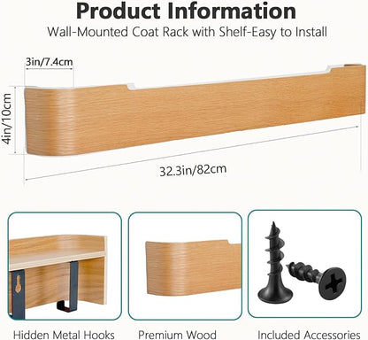 Coat Rack Wall Mount with Hidden Hooks Modern Key Holder Wood Entryway Hook with Shelf for Bedroom Kitchen Hallway Bathroom Designed for Hanging Coats Hats Bags Towels Dog Leashe(Oak,8 Hooks)