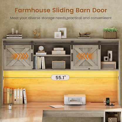 SEDETA 67" Farmhouse L Shaped Desk with Hutch, Home Office Desks with Drawers & Sliding Doors, Corner Computer Desk with Storage Shelves & Power Outlets, Executive Desk with LED Lights, Grey