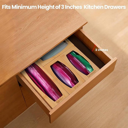 CRAKTH Bamboo Plastic Bag Storage Organizer for Kitchen Drawer, 4 Separate Baggie Organizer, Suitable for Gallon, Quart, Sandwich & Snack Variety Size Bag