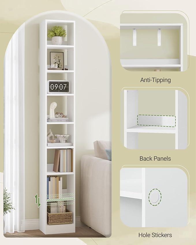Hzuaneri Bookcase, Tall Narrow Bookshelf, Open Display Storage Shelf, Skinny Cube Book Shelf with Adjustable Shelves, CD Rack for Living Room, Home Office 8-Tier(9.4 x 11.8 x 72 inch) White BC89603X