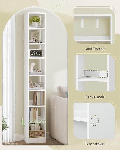 Hzuaneri Bookcase, Tall Narrow Bookshelf, Open Display Storage Shelf, Skinny Cube Book Shelf with Adjustable Shelves, CD Rack for Living Room, Home Office 8-Tier(9.4 x 11.8 x 72 inch) White BC89603X
