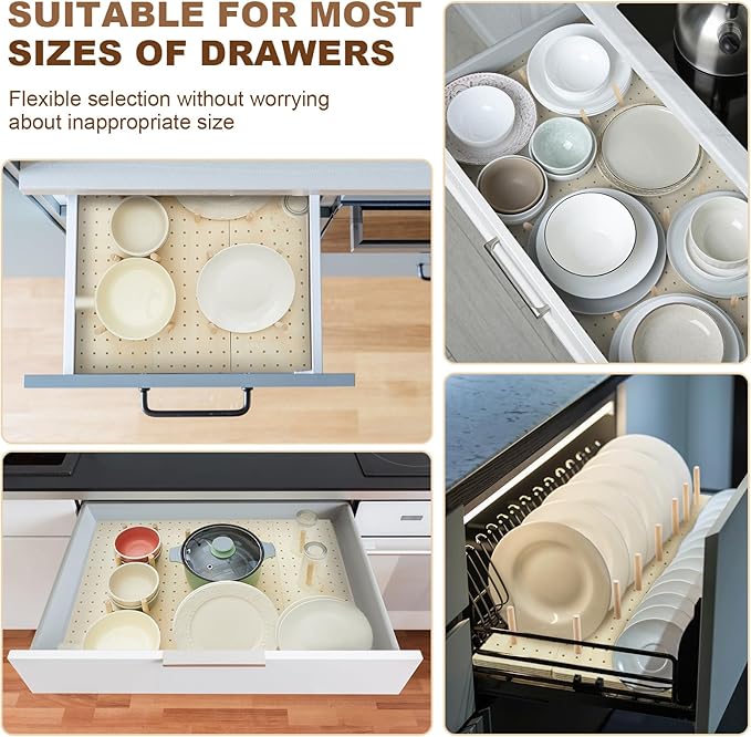 Kigley 12 Pcs Pegboard Drawer Organizer with 96 Drawer Peg Wood Peg Board Wooden Kitchen Plate Organizer for Dishes Food Containers Cookware Utensils(21 Inch,Wood Color)