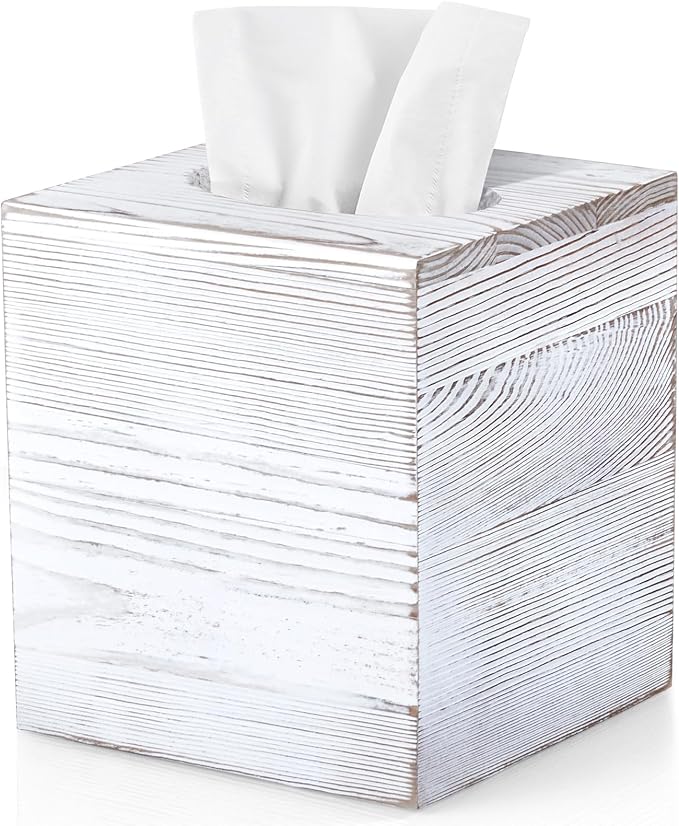 Wood Tissue Box Cover Square - Wooden Tissue Box Holder for Tabletop Night Stands Bathroom Office - Decorative White Facial Cube Tissue Box Cover