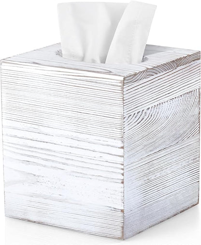 Wood Tissue Box Cover Square - Wooden Tissue Box Holder for Tabletop Night Stands Bathroom Office - Decorative White Facial Cube Tissue Box Cover