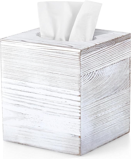 Wood Tissue Box Cover Square - Wooden Tissue Box Holder for Tabletop Night Stands Bathroom Office - Decorative White Facial Cube Tissue Box Cover