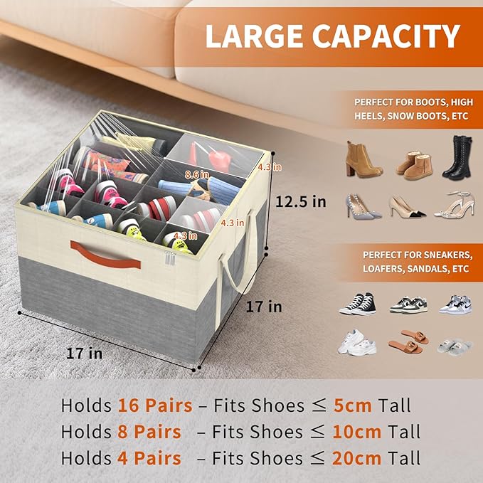 Aokeyee Shoe Organizer for Closet, 2 Pack Foldable Shoe Storage Organizer Box w/Clear Cover and Reinforced Handles, Space Saving Shoes Bin Fits up to 16-32 Pairs, Beige and Grey