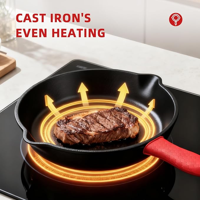 3 piece set, cookware set 6, 8, 10 Inches, for frying, saute, &more, easy use in the oven, stove, grill, or campfire, black, with silicone heat-resistant cover