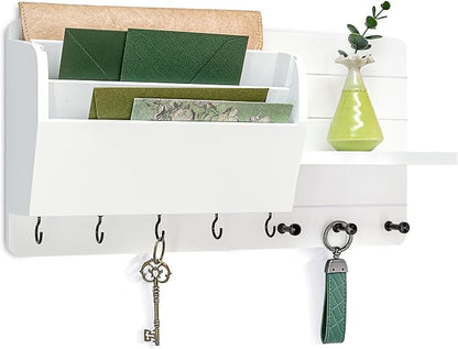 Rebee Vision Pine Wood Modern Key Holder Wall Mount for Home Decor - Mail Holder Wall Mounted with Shelf, Hooks & Mail Slot for Hanging - Rustic File Organizer for Living Room, Entryway (White)