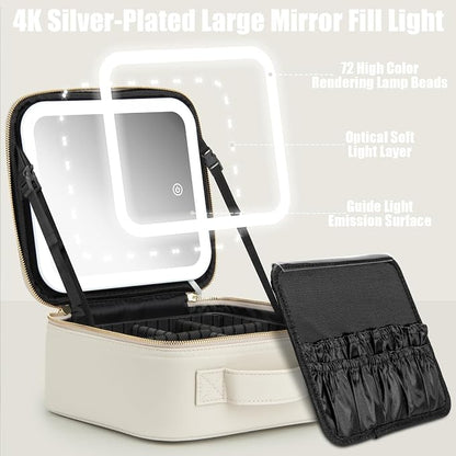 Extrei Gent Makeup Travel Train Case with Mirror LED Light 3 Adjustable Brightness Large Cosmetic Bag Portable Storage Adjustable Partition Waterproof Make up Brushes Makeup Jewelry Gift for Women
