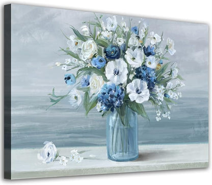 Vintage Blue White Blossom Retro Flowers in Vase Canvas Painting - Ocean Seagull Background Artwork Prints for Bathroom Bedroom Wall Decor - 24" X 16