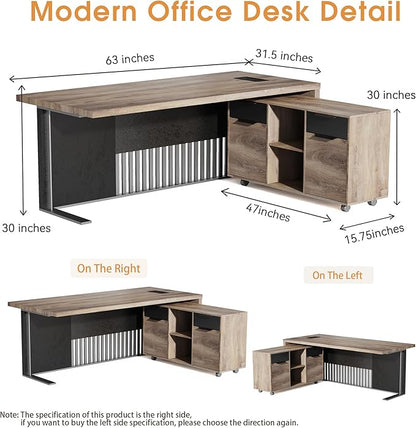 SAINTCY 63 Inch L Shaped Executive Desk with Drawers, Modern Computer Writing Desk with File Cabinet, Business Furniture W/Stand Under Storage Organizer with Wheels,1.97IN Thick Desktop