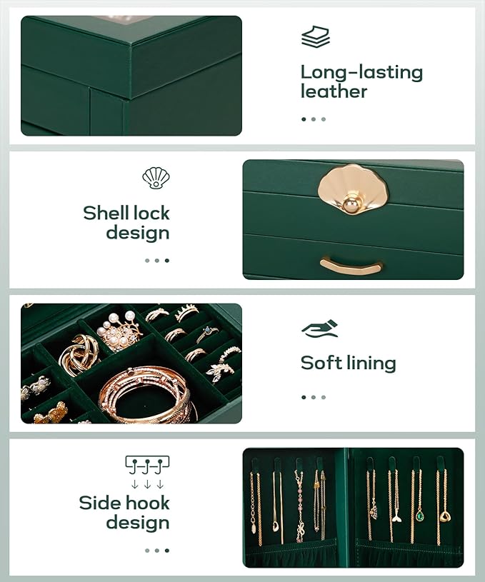 Jewelry Box with 4 Drawers: Display Organizer for Earrings Necklaces - Gifts for Girls Women (Forest Green)