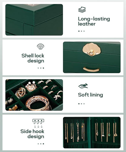 Jewelry Box with 4 Drawers: Display Organizer for Earrings Necklaces - Gifts for Girls Women (Forest Green)