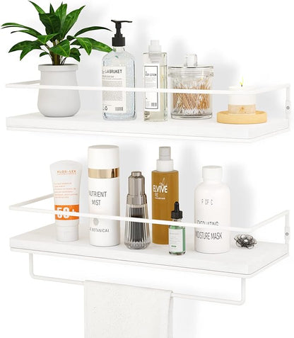 ZGO Floating Shelves With Towel Rack, Wall Mounted Storage for Bathroom, Kitchen, Bedroom, Set of 2 (White)