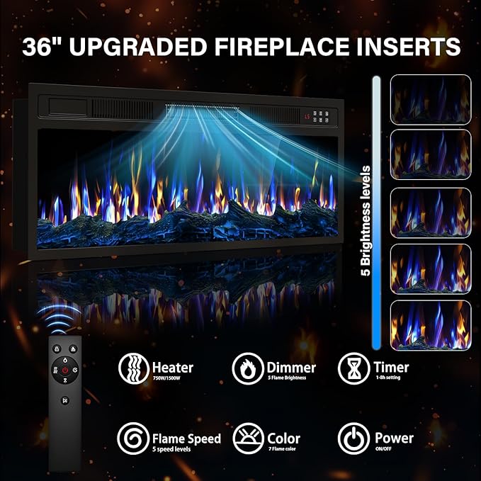 VITESSE Fireplace with TV Stand 36" inch Electric Fireplace Up to 80" TVs, LED Light Entertainment Center, 70" Modern Wood High Gloss with Highlight Storage Cabinet for Living Room (Black)