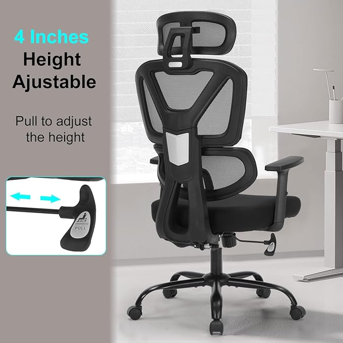 Home Office Chair, Ergonomic Desk Chair with Adjustable Height, Lumbar Support, High Back Mesh Computer Chair with Flip up Armrests, Task Chairs for Home Office - 300lb Executive Chairs (Black)