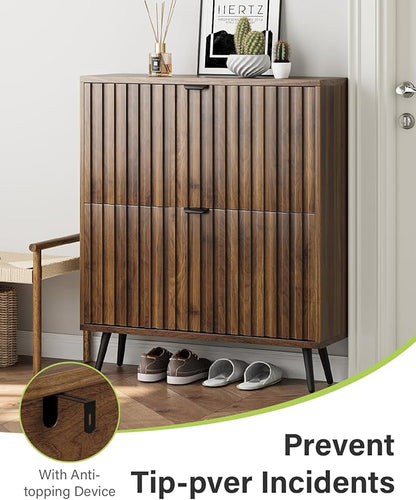 Shoe Storage Cabinet, Fluted Shoe Cabinet Storage for Entryway, Walnut Hidden Shoe Cabinet with Metal Legs,Shoe Organizer Cabinet with Flip Doors, Slim Entryway Shoe Storage Cabinet （31.5in）