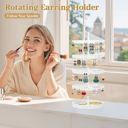 MODOWEY 4 Tier Rotating Earring Holder Organizer Display Tree with Metal Tray, Adjustable Plastic Stand with 228 Slots for Stud Hoop Hanger, Large Capacity Storage Rack for Women Space Saving, White