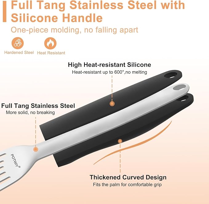 POTWIY Stainless Steel Fish Spatula, Metal Fish Turner with Silicone Handle, Kitchen Slotted Spatula for Cast Iron Skillet Cooking and Grilling, Beveled Edge and Curved Blade, 13.5 Inch