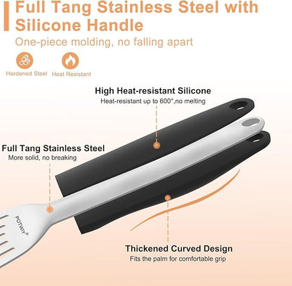 POTWIY Stainless Steel Fish Spatula, Metal Fish Turner with Silicone Handle, Kitchen Slotted Spatula for Cast Iron Skillet Cooking and Grilling, Beveled Edge and Curved Blade, 13.5 Inch
