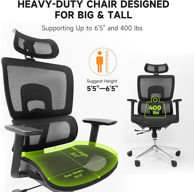 NearHub EC20 Ergonomic Office Chair for Big and Tall 6'5" Tall Max, 400Lbs Computer Desk Heavy-Duty Office Gaming Chair with Adjustable Features, High-Back Design, and Premium Comfort for Office,Home